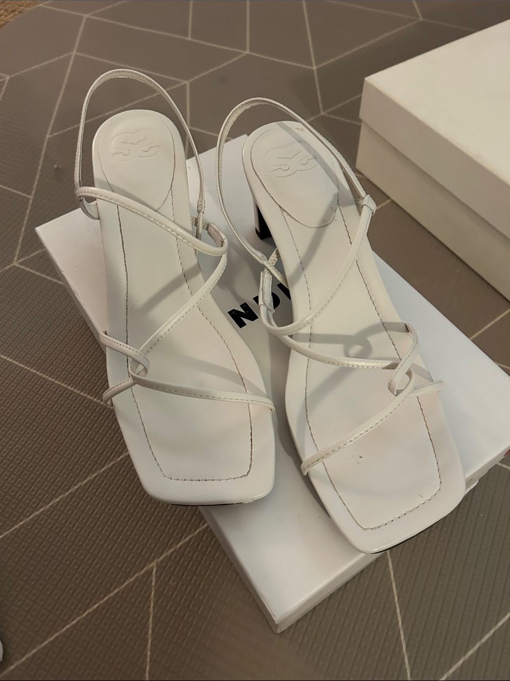 Sandro White Strappy Square-Toe Slingback Heels